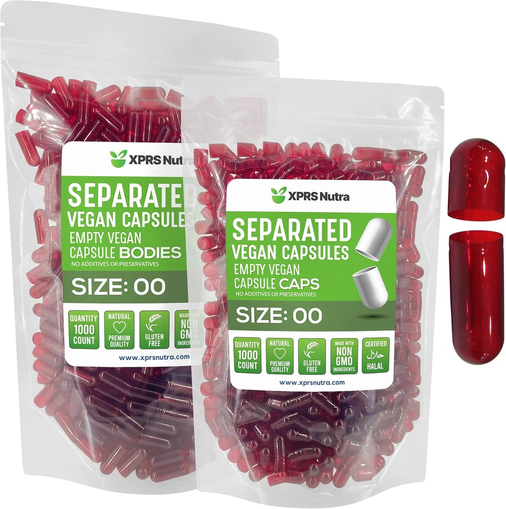 XPRS Nutra Vegan Größe 00 Getrennte Kapseln - 1000 Count Premium Leer Kapseln Getrennt in Taschen - 00 Pillen Leer für DIY Ergänzung Füllung (Clear Red)