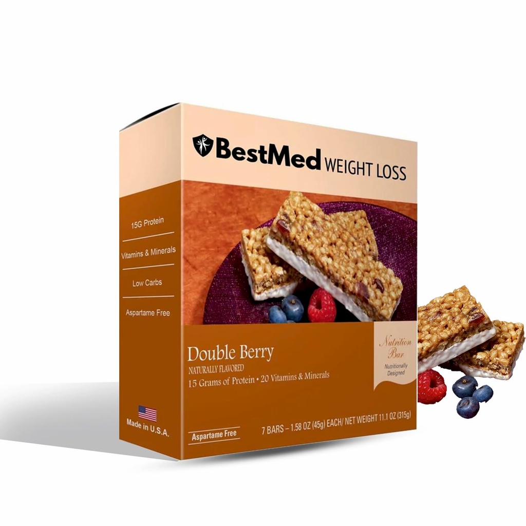 BestMed - Barre de nutrition à haute teneur en protéines - faible teneur en glucides, 15g de protéines, faible teneur en sucre, fibre haute, faible teneur en calories, barre de remplacement des repas (double baie, 1 boîte - 7 chiffres)