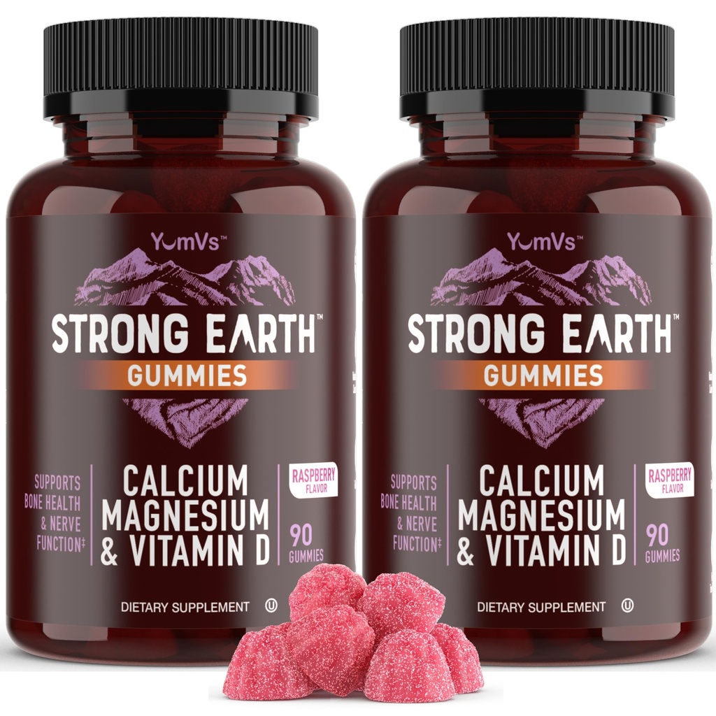 YUM-V'S Forte Terre Calcium, Magnésium, Vitamine D3 Gummies - Supplément de Calcium Vitamine Gummies pour Gummies Fortes Bones - Compte Kosher 90 (Paquet de 2)