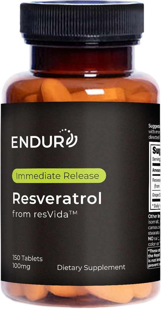 Endur Resveratrol, Healthy Aging & Cardiovascular Support Supplement, Instant Release Antioxidant Grape Skin Extract, Glutenfrei, 100mg (150 Tabletten)