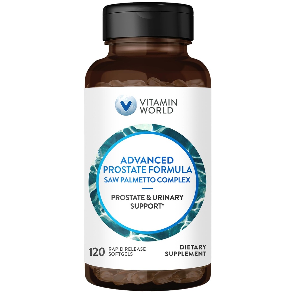 Vitamine World Advanced Prostate Formula Saw Palmetto Complex 120 Softgels, soutient la santé de la prostate, santé urinaire, libération rapide, sans gluten
