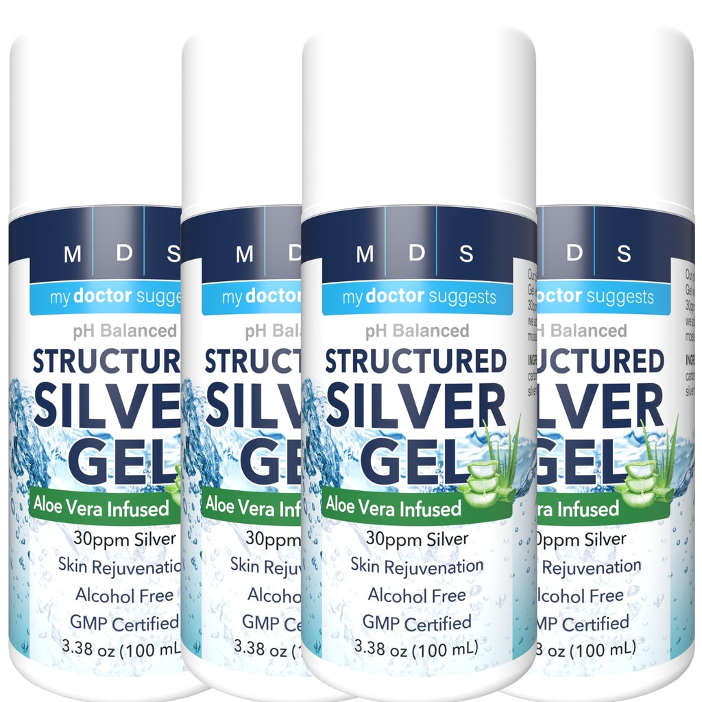 Gel Colloïdal Argent Extra Strength 30ppm avec Aloe Vera - pH équilibré Argent structuré - Soothe & Relieve Triple Strength - Bouteille de pompe facile, 3,38Oz (4 Pack)