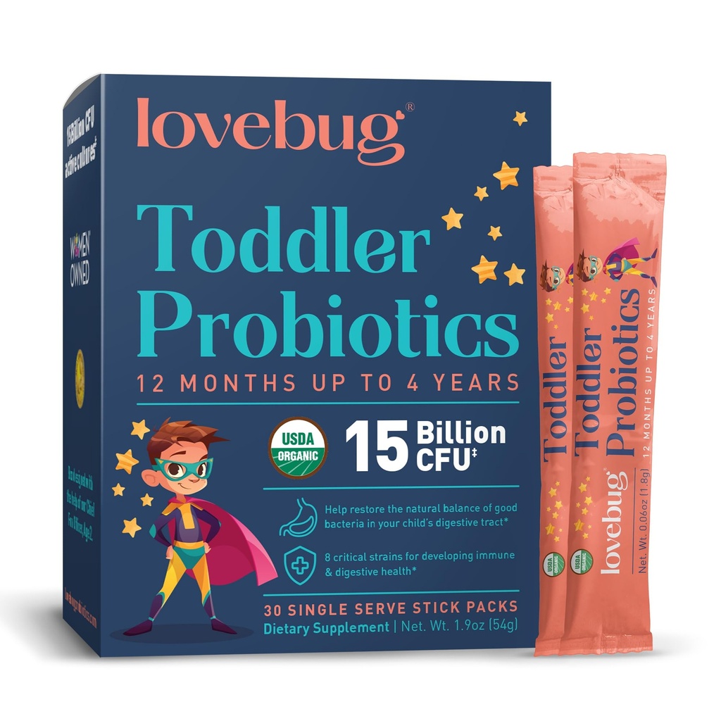 Lovebug Kids Probiotic Powder with Prebiotic Fiber - Soutien immunitaire et soulagement de la constipation pour les tout-petits - Probiotiques biologiques de l'USDA pour la santé gustative et digestive des enfants (Age 1-4) - 30 packs (non aromatisés)