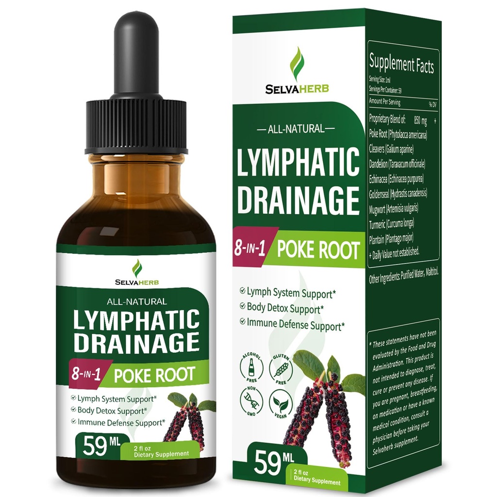 Poke Root Herb Lymphatic Drainage Drops for Lymph System Support, 8-en-1 Optimised Herbal Formula Supplement Tecture for Body Detox & Immune Support w/Cleavers Echinacea Extract. 2oz