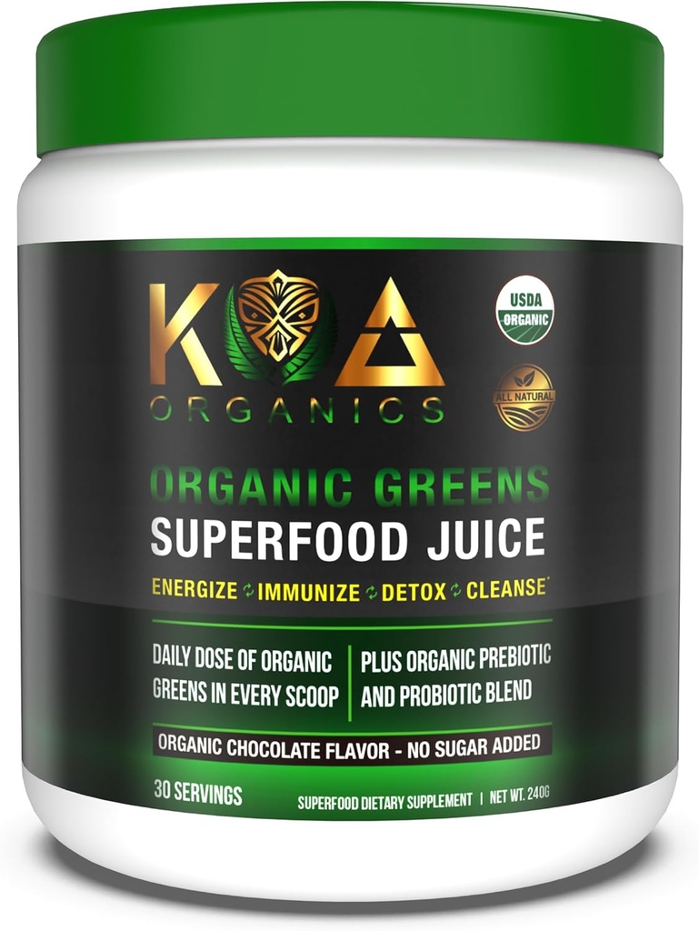 Greens Superfood Juice Powder - USDA Organic Super Greens Powder mit Spirulina, Chlorella, Matcha, Weizengras, Verdauungsenzyme & Probiotics - Schokoladengeschmack -30 Serv