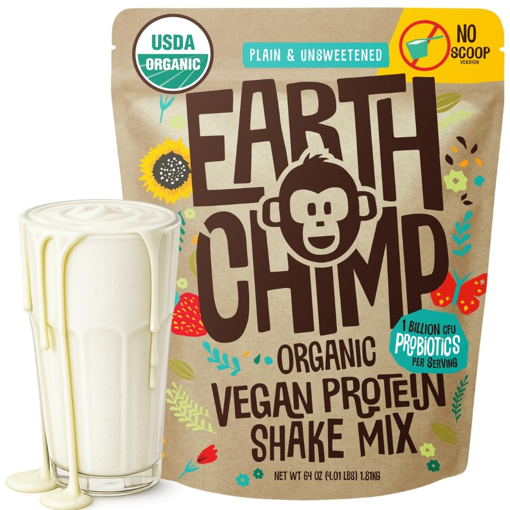 EarthChimp Organic Vegan Protein Powder - mit Probiotics - Non GMO, Dairy Free, Non Whey, Plant Based Protein Powder für Frauen und Männer, Glutenfrei - 52 Servierungen 64 Oz (Plain & Unsweetened) No Scoop