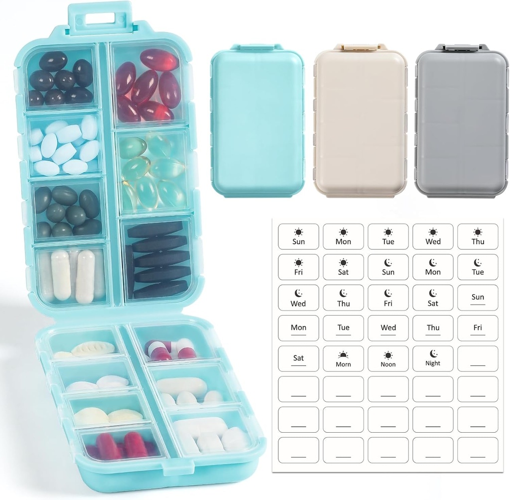 3 Pack, 14 GRIDS Travel Pill Organizer Box mit Etiketten - Travel Medicine Case Kit - Pocket Daily Pharmacy Container - Travel Medication Holder Dispenser für Fish Oil Vitamin Supplement Storage