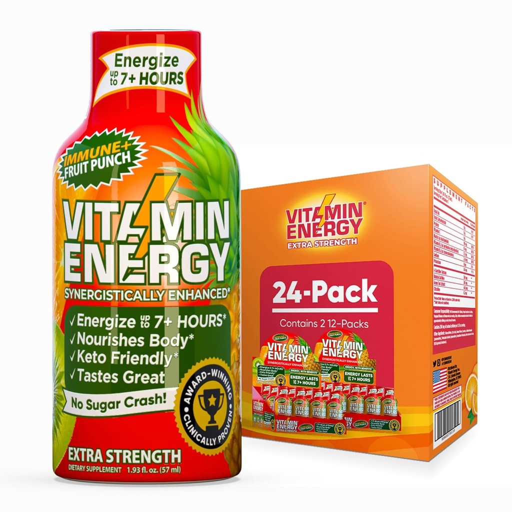 Vitamin Energy Immune+ Extra Strength Energy Shot Fruit Punch 24 Pack, 260mg Natürliche Koffein, B-Vitamine, Citicoline, Grüner Tee, Immunität & Focus Support, Zero Sugar, Gluten-Free 1.93 fl oz