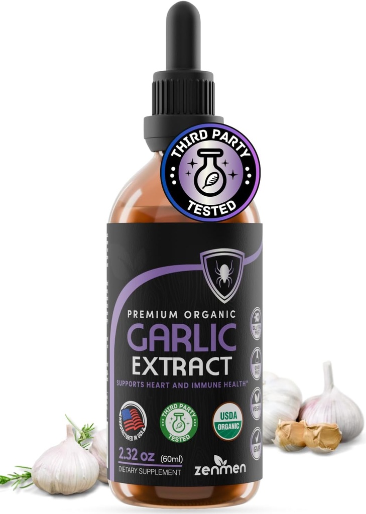 Extrait d'ail biologique Zenmen (Tinture sans or) - Support immunitaire, source d'antioxydants - 2,32 oz / 60ml, végétalien, fabriqué aux États-Unis