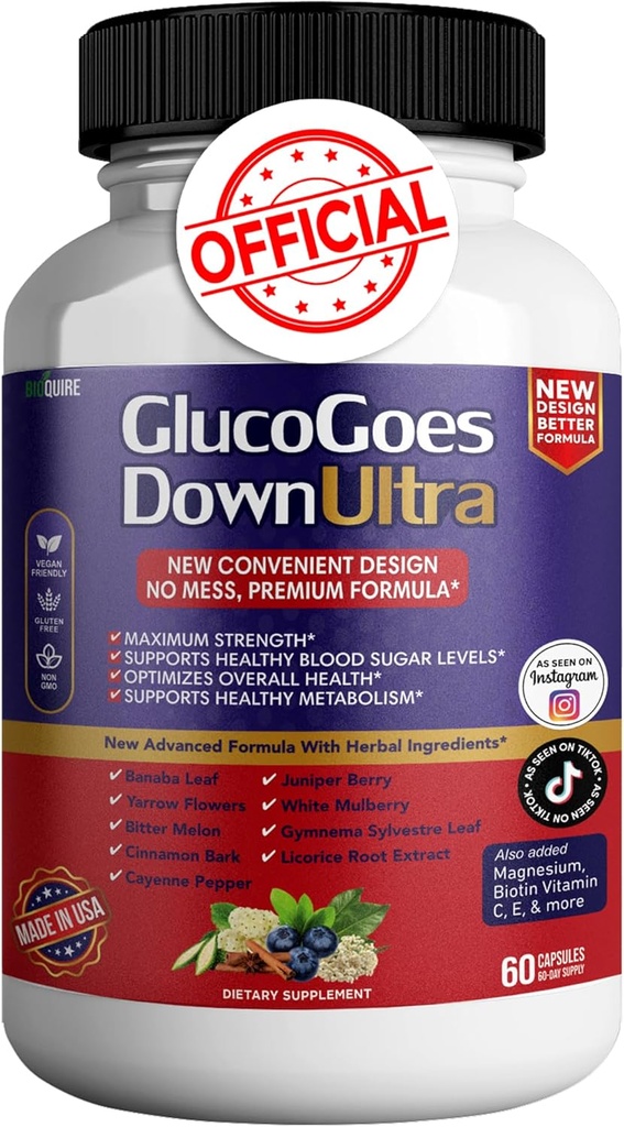 Gluco descend le supplément ultra diététique, 60 capsules, la force maximale, soutient les niveaux de sucre de sang sain, optimise la santé globale - Pack de 1