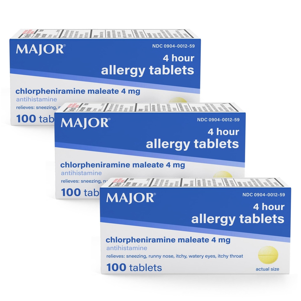 MAJOR 4 Mg Comprimés allergiques - Chlorphéniramine Maléate 4 heures Allergie Médecine - Antihistamine pour soulager les éternuements, les yeux d'eau démangeaisons, la gorge démangeantelée et le nez runny - 100 Compte (3 Pack)