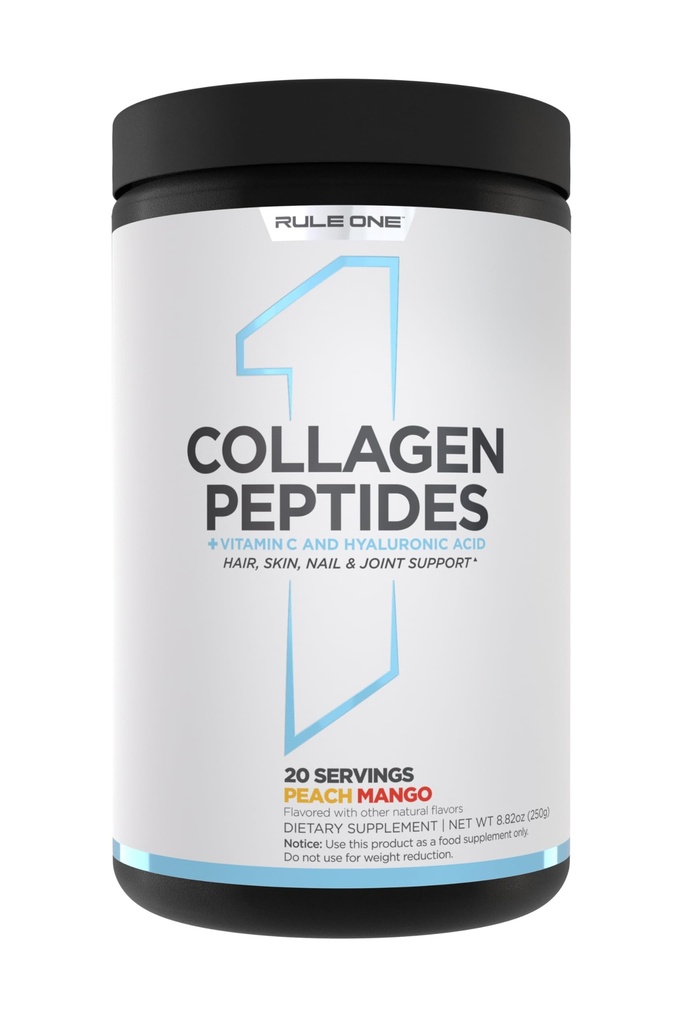 Règle 1 Poudre de peptides de collagène - Collagène bovin hydrolysé, acide hyaluronique et vitamine C. Supporte les cheveux, la peau et les ongles (20 portions, la mangue de pêche)