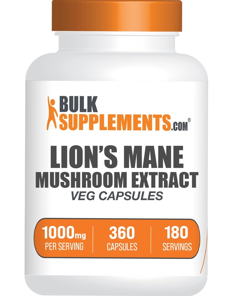 BulkSupplements.com Lion's Mane Mushroom Extract Kapseln - Pilz-Ergänzung, Gehirn-Ergänzung für Gedächtnis und Fokus-Unterstützung - Vegan, 2 Kapseln pro Servieren (1000mg), 360 Kapseln (Pack von 1)