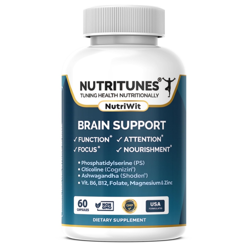 Brain Health Supplement–Memory, Focus & Brain Nourishment Support mit Cognizin Citicoline, Phosphatidylserine, Shoden Ashwagandha, B Vitamine, Magnesium & Zink–60 NutriWit Kapseln