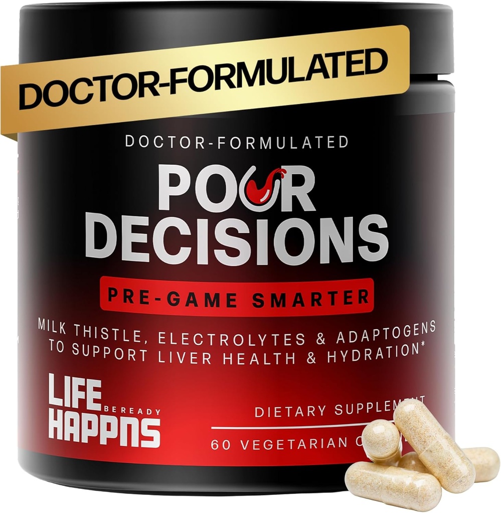 Life Happns Pour Decisions Liver Health Supplement mit Milchdistel, Vitamin B6, Elektrolyte - Unterstützt Hydration und Erholung, 60 Kapseln