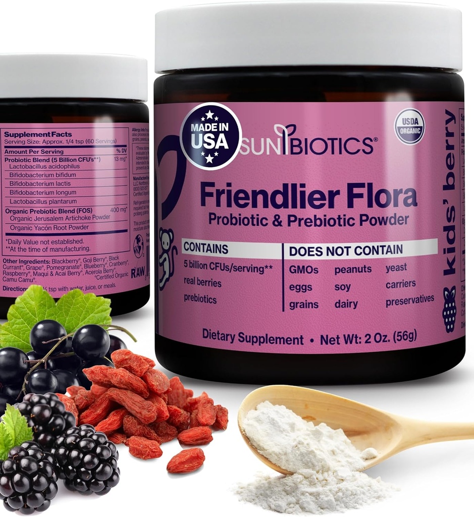 SUNBIOTICS Friendlier Flora - Kids Prebiotic und Probiotic Powder Supplement mit 5 Milliarden CFUs von 5 Probiotic Strains für Gut Flora, Immunsystem, & Balanced Microbiome - Berry, 2 Unze