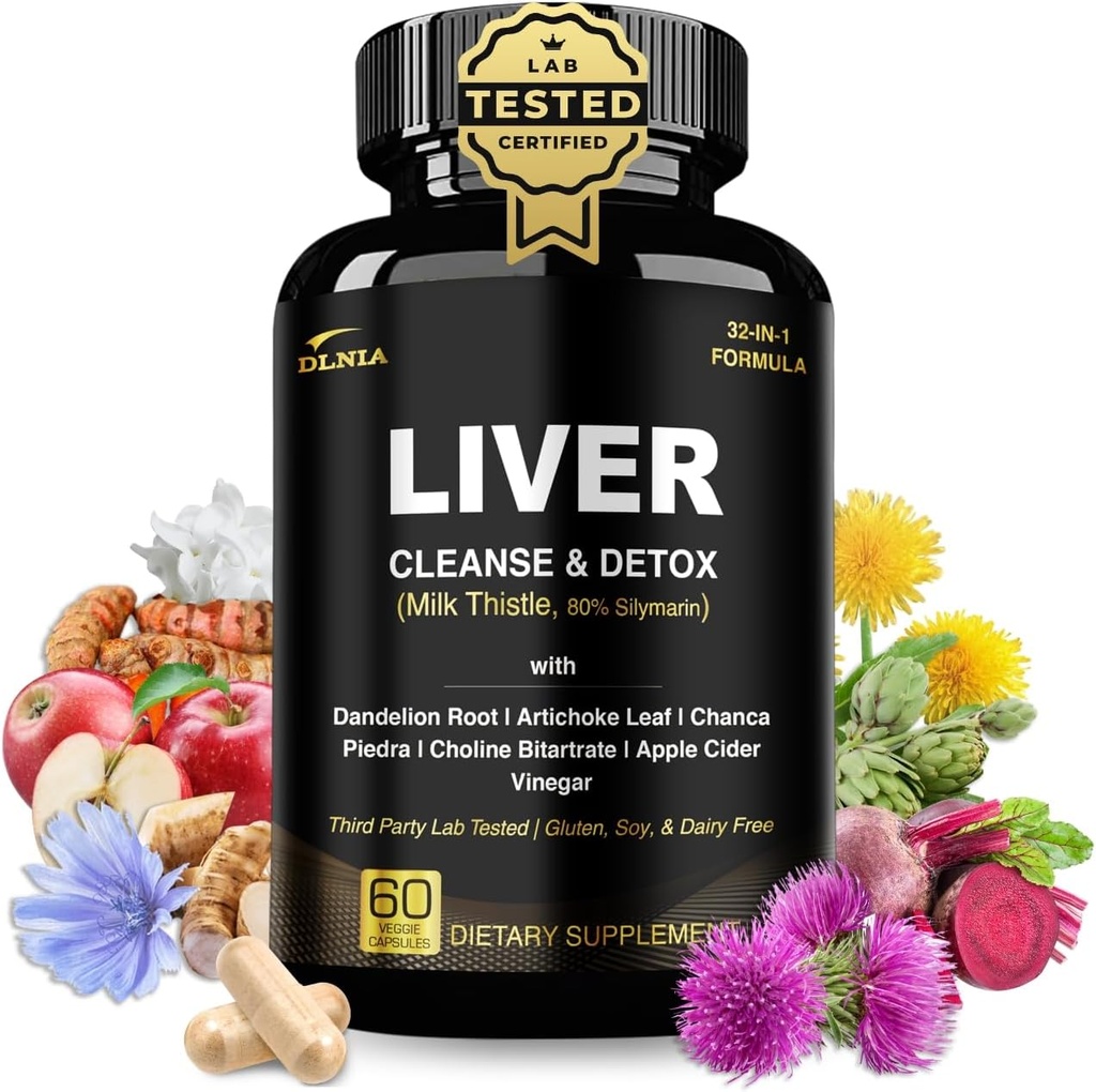 32 en 1 Nettoyez le foie et la formule de réparation avec vinaigre de cidre de pomme, supplément de chardon de lait, artichaut, supplément de racine de dandelion - Support et réparation du foie à base de plantes non OGM et végétaliens