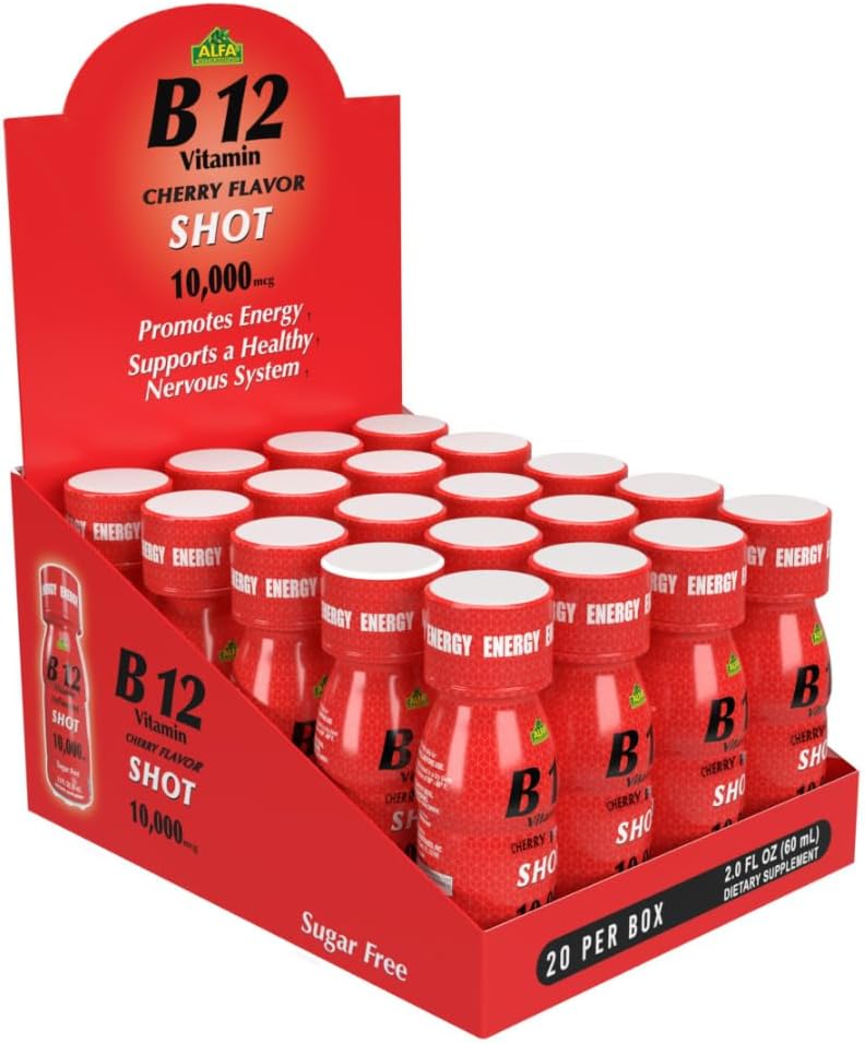 ALFA VITAMINS B12 Vitamin Shot mit 10000 MCG Höchste Potenz - Zuckerfrei, Koffeinfrei - Energie Shot (2.0 FL OZ Flasche) 20 Pack