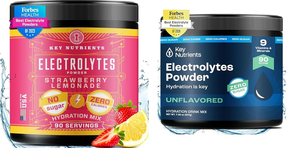 KEY NUTRIENTS Elektrolyte Pulver Bundle – Juicy Strawberry Lemonade & Unflavored Electrolyte Powders (je 90 Portionen) – Zuckerfreies, Keto-Friendly Hydration Powder for Energy, Recovery & Endurance