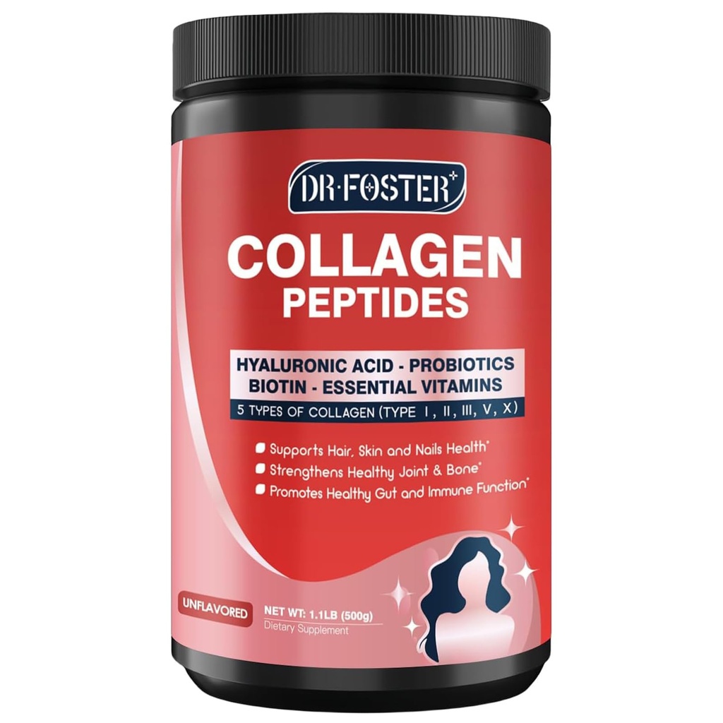 DRFOSTER Powder multicollagène-peptide avec probiotiques, 50 portions de peptides de collagène hydrolysés avec acide hyaluronique, biotine et multivitamines - soutient la peau, les cheveux, les ongles santé