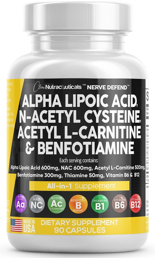 Acide alpha lipoïque 600mg N-acétyl Cysteine 600mg acétyl L-Carnitine 500mg Benfotiamine 300mg - Supplément de soutien Nerve pour les femmes et les hommes avec la vitamine B1 B6 & B12 - Fabriqué aux États-Unis 90 capsules