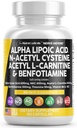 Alpha Lipoic Acid 600mg N-Acetyl Cystein 600mg Acetyl L-Carnitin 500mg Benfotiamin 300mg - Nerve Support Supplement für Damen und Herren mit Vitamin B1 B6 & B12 - Made in USA 90 Caps