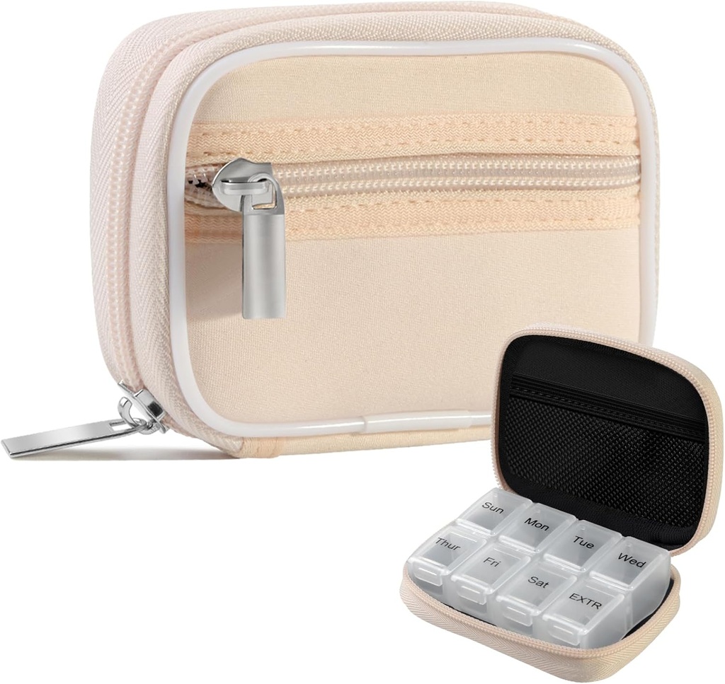 Pill Case Weekly Pill Organizer for Purse with Amovible 7 Day Pill Box Premium Neoprène Pill Container for Travel Purse Accessory, Vitamine, Supplément, Petites Pièces Arrangement-Cream Yellow