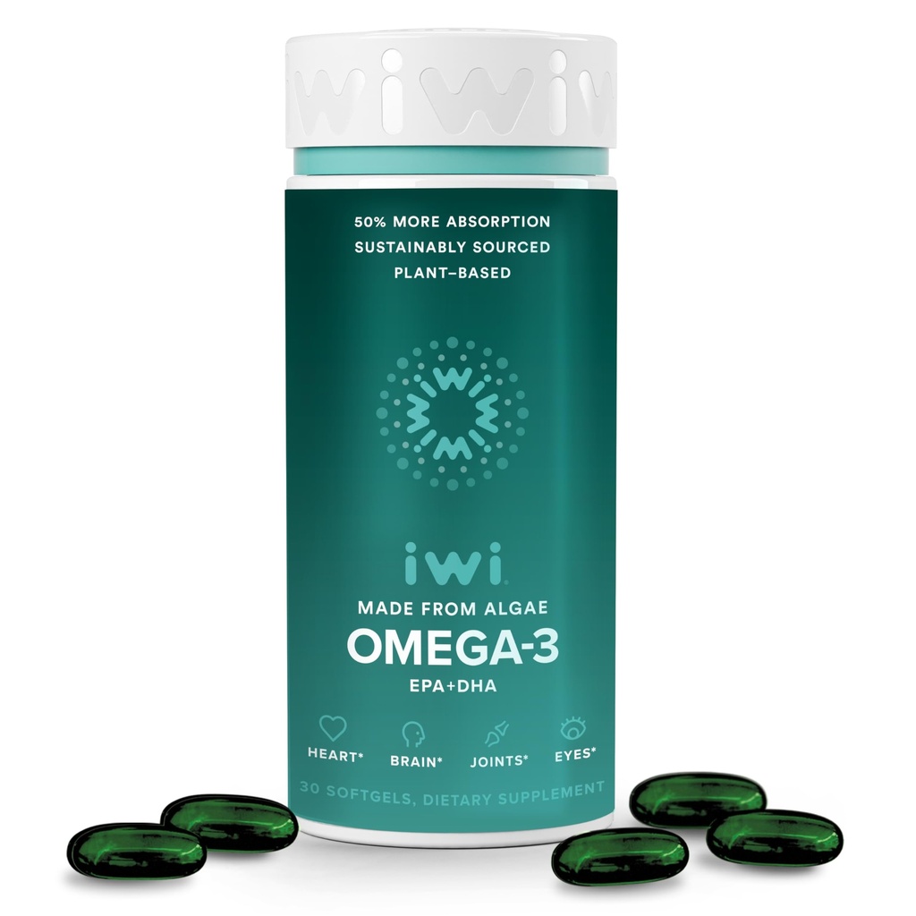 Iwi Omega-3, 30 Softgels (30 Servierungen), Vegan Pflanzenbasierte Algae Omega 3 mit EPA + DHA, Ganzkörper-Unterstützung Nahrungsergänzung, Krill & Fisch Öl Alternative, Keine Fishy Nachgeschmack