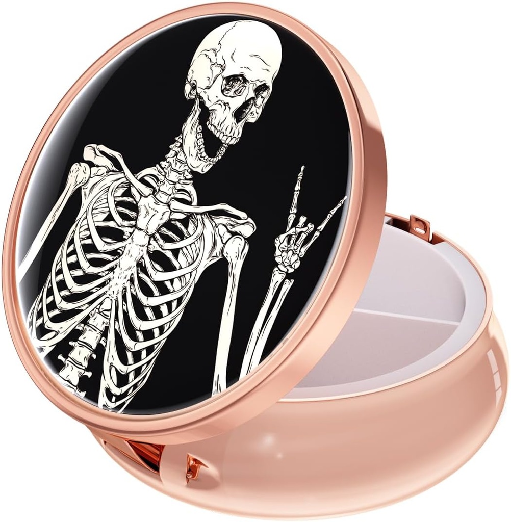 Boîte à pilules Rouidr, boîte à pilules de 3 compartiments, boîte à médicaments pour petits métaux pour la purse et la poche, or rose, crâne