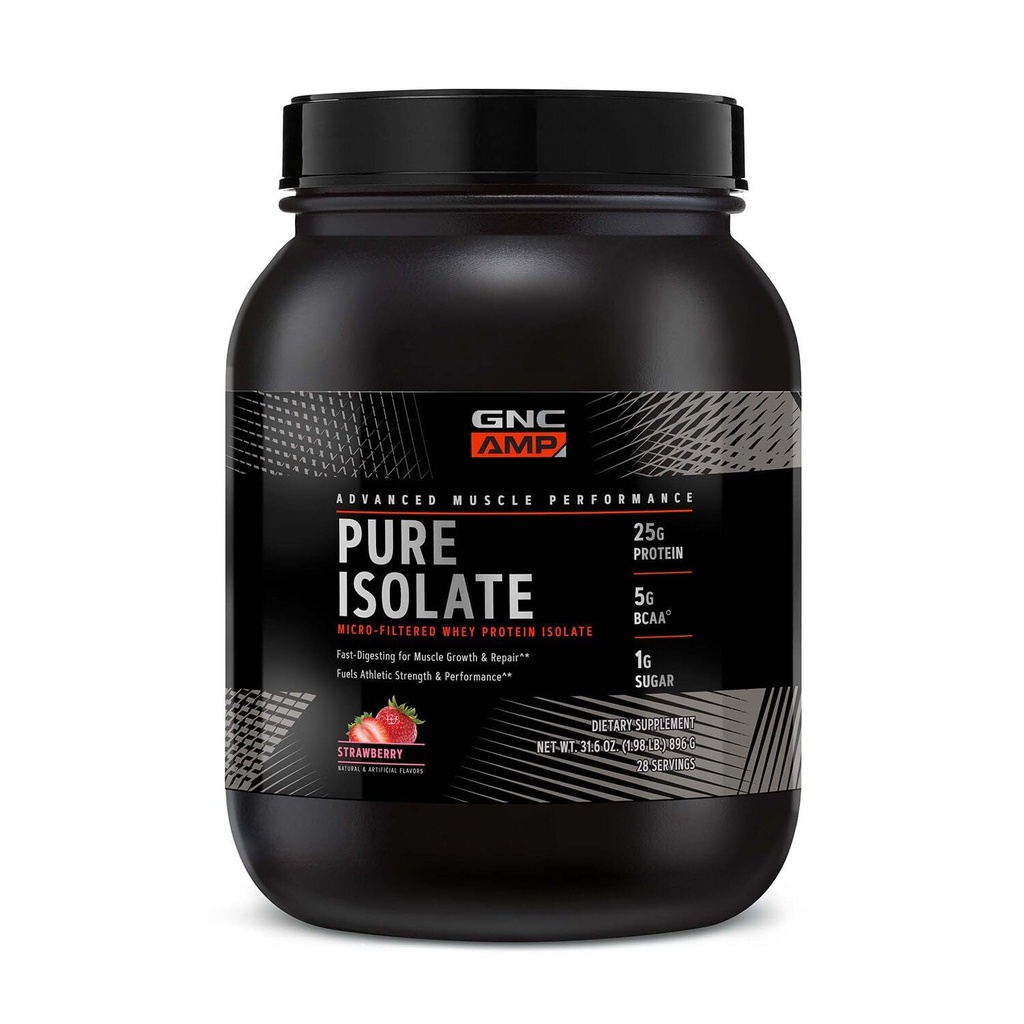 GNC AMP poudre de protéines de lactosérum, croissance musculaire, récupération, performance, 25g de protéines, 5g BCAA, 1g de sucre, 130 calories ou moins, 3e partie testée, sans gluten, fraise, 28 SVG
