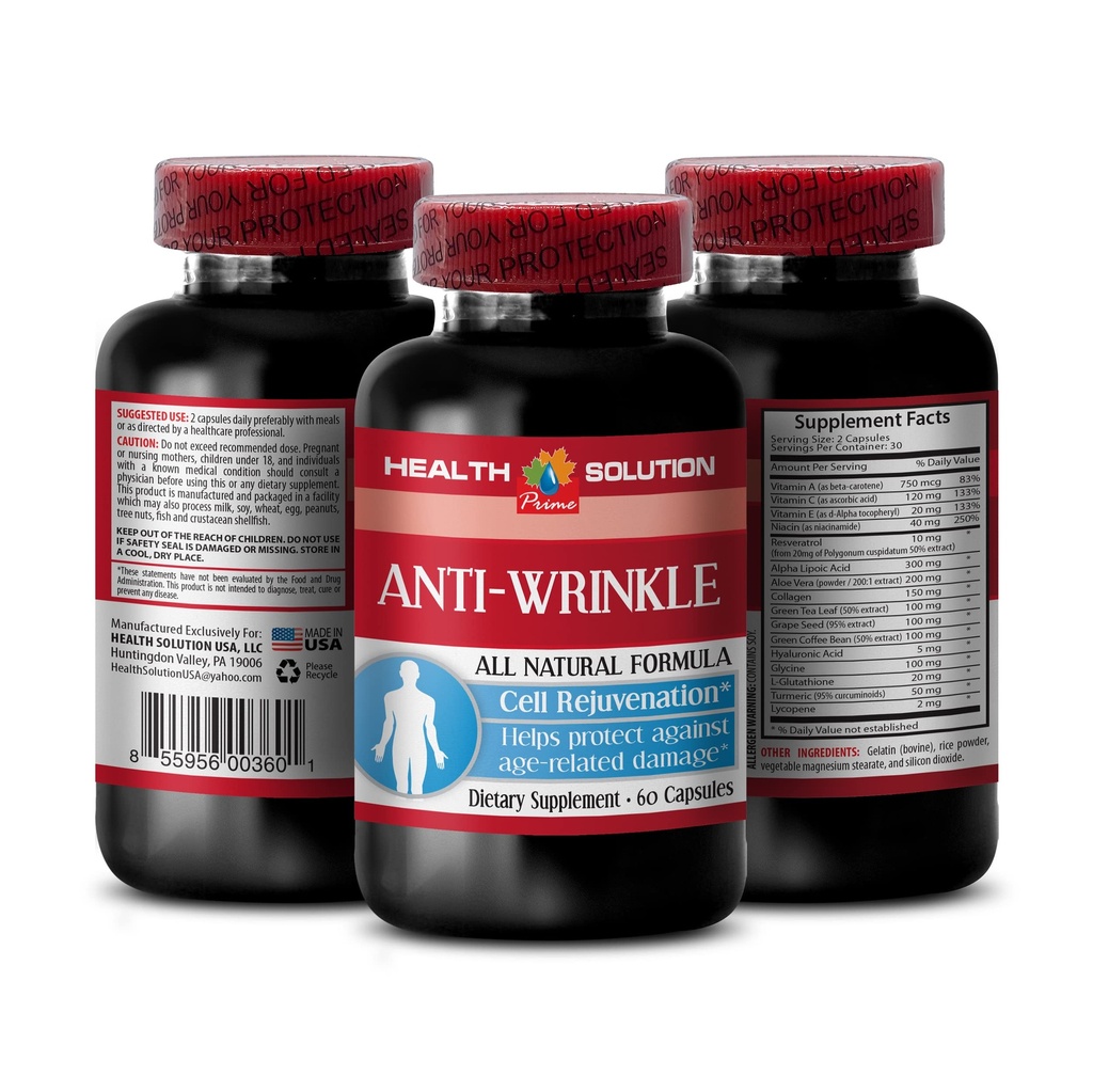 Vitamin E Kollagen - ANTI-WRINKLE COMPLEX - Hautmineralien, Anti-Aging natürliche Formel, Anti-Falten-Kapseln für Gesicht, Serum Anti-Falten, Alpha-Liposäure, Anti-Falten-Pille für Frauen, 1B 60 Caps