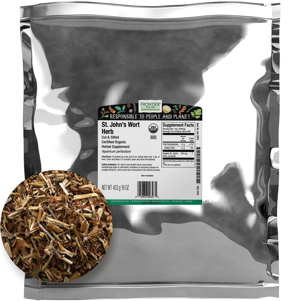 Frontier Co-Op Organic Cut und Sifted Saint John's Wort Herb 1lb - Getrocknete Kräuter für St Johns Wort Bio Tee oder Diy Kapseln, Öl, Tinktur, Beilage