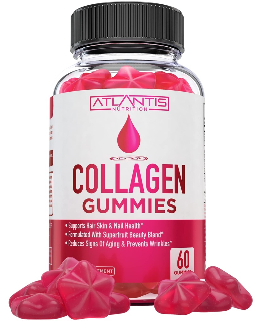 Atlantis Nutrition Collagen Peptides Gummies pour femmes - Formulé avec Type I & III - Vitamine & Superfruit Beauty Blend - Formulé pour soutenir la santé des cheveux, des ongles et de la peau
