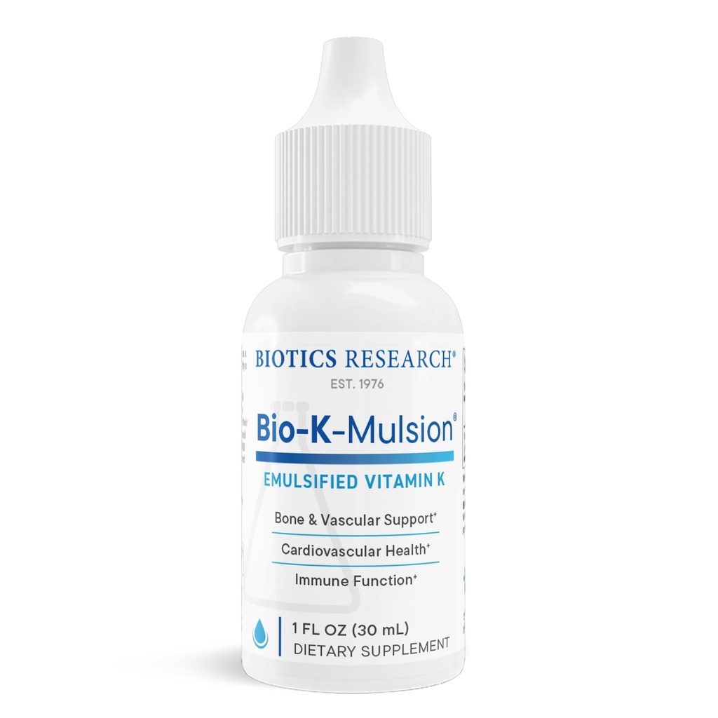 Recherche en biotique Bio K Mulsion Liquid Vitamine K gouttes - 500 mcg/S - Vitamine K1 phytonadione pour les adultes - Supplément VIT K - Bons forts, santé cardiovasculaire, soutien de la coagulation du sang, 1 fl oz