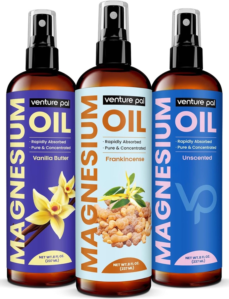 Spray d'huile de magnésium pur à 100% Venture Pal avec encens, absorption rapide, moins de sting, ultra apaisant pour le sommeil et la relaxation musculaire, sept (gros 8 oz) minéraux