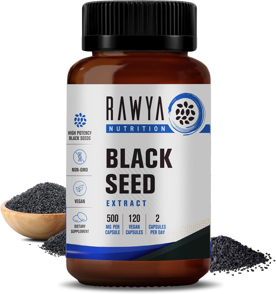 RAWYA Nutrition Black Seed Extract, Nigella Sativa, Black Cumin Seed Powder, 500 mg Jede, fördert Wellness, Flexibilität und Radiant Skin, Halal, Vegan, Pure & Natural Supplement - 120 Vegan Kapseln