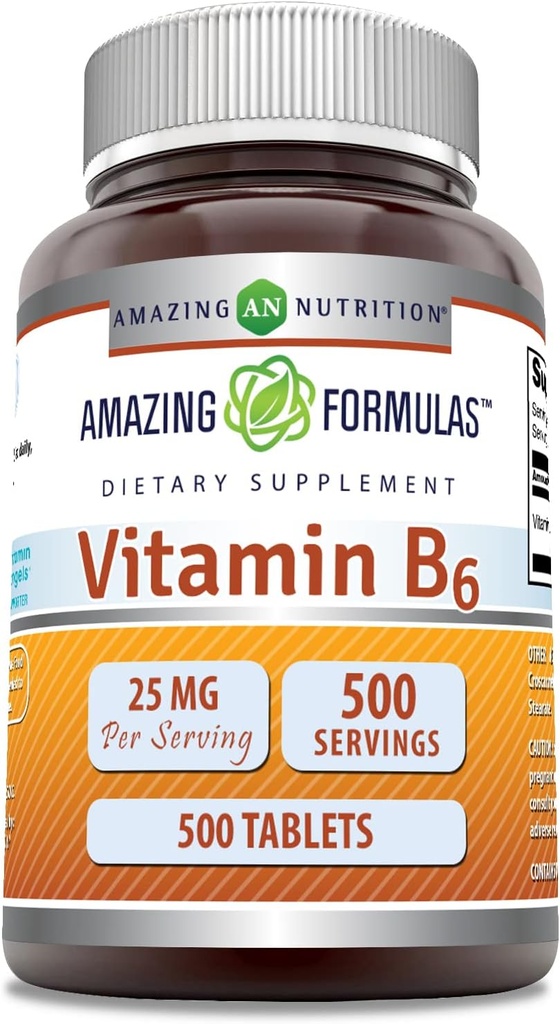 Formules étonnantes Vitamine B6 (Pyridoxine) Supplément de 25 Mg (comprimés) Non-OGM (sans gluten) Fabriqué aux États-Unis (1 paquet de 500 Nombre)