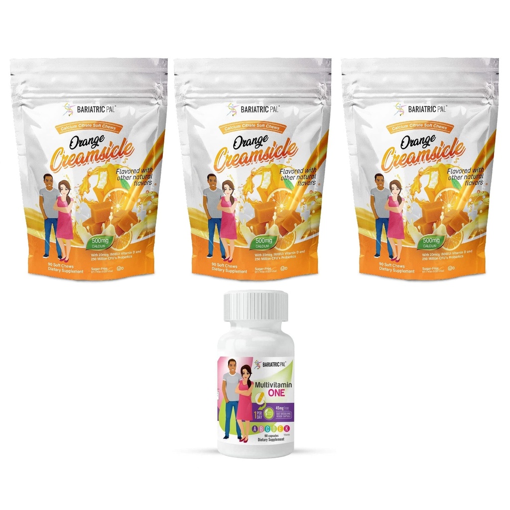 BariatricPal 90-Day Bariatric Vitamin Bundle (Multivitamin ONE 1 pro Tag! Kapsel mit 45mg Eisen und Kalzium Citrat Weichkäse 500mg mit Probiotika - Orange Creamsicle)