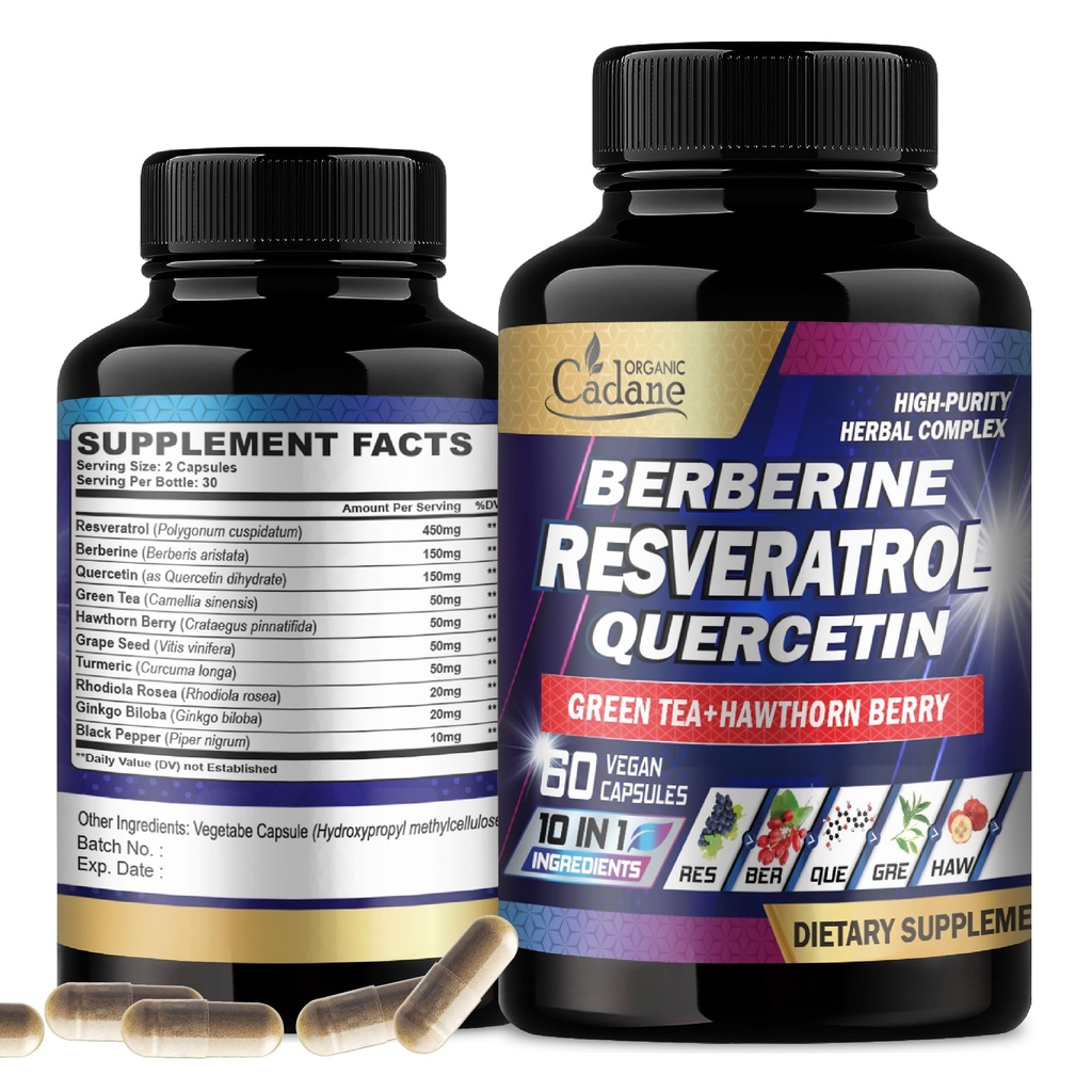 Cadane Resveratrol Supplément - 10in1 Plus avec Quercetin, Berberine, Thé vert, Graines de raisin, Berry Hawthorn, Turmeric, Rhodiola Rosea, Ginkgo Biloba et poivre noir - 60 Capsules