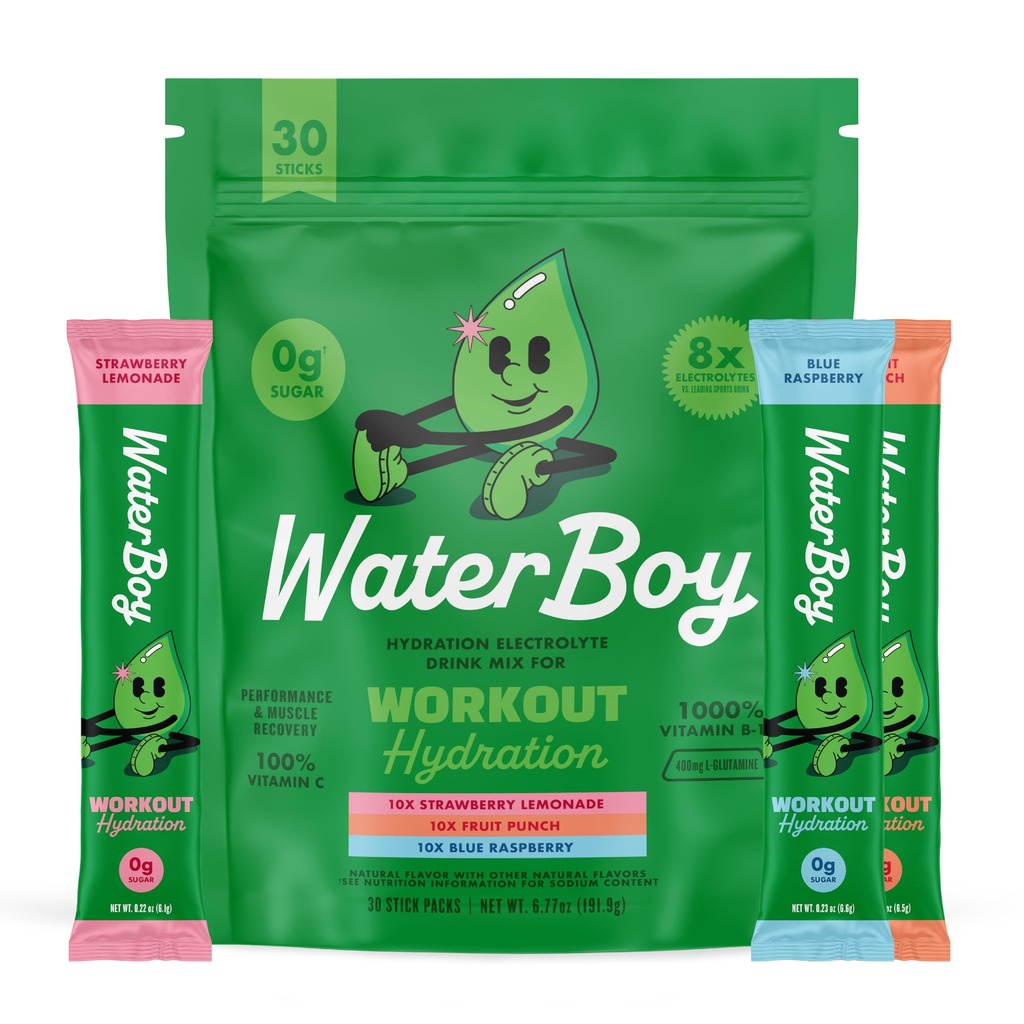 Waterboy entraînement Hydratation $ 2,960mg sans sucre électrolyte en poudre Packets $ L-glutamine + vitamines $ Pas de sucre, tout naturel, sans gluten (Variété)