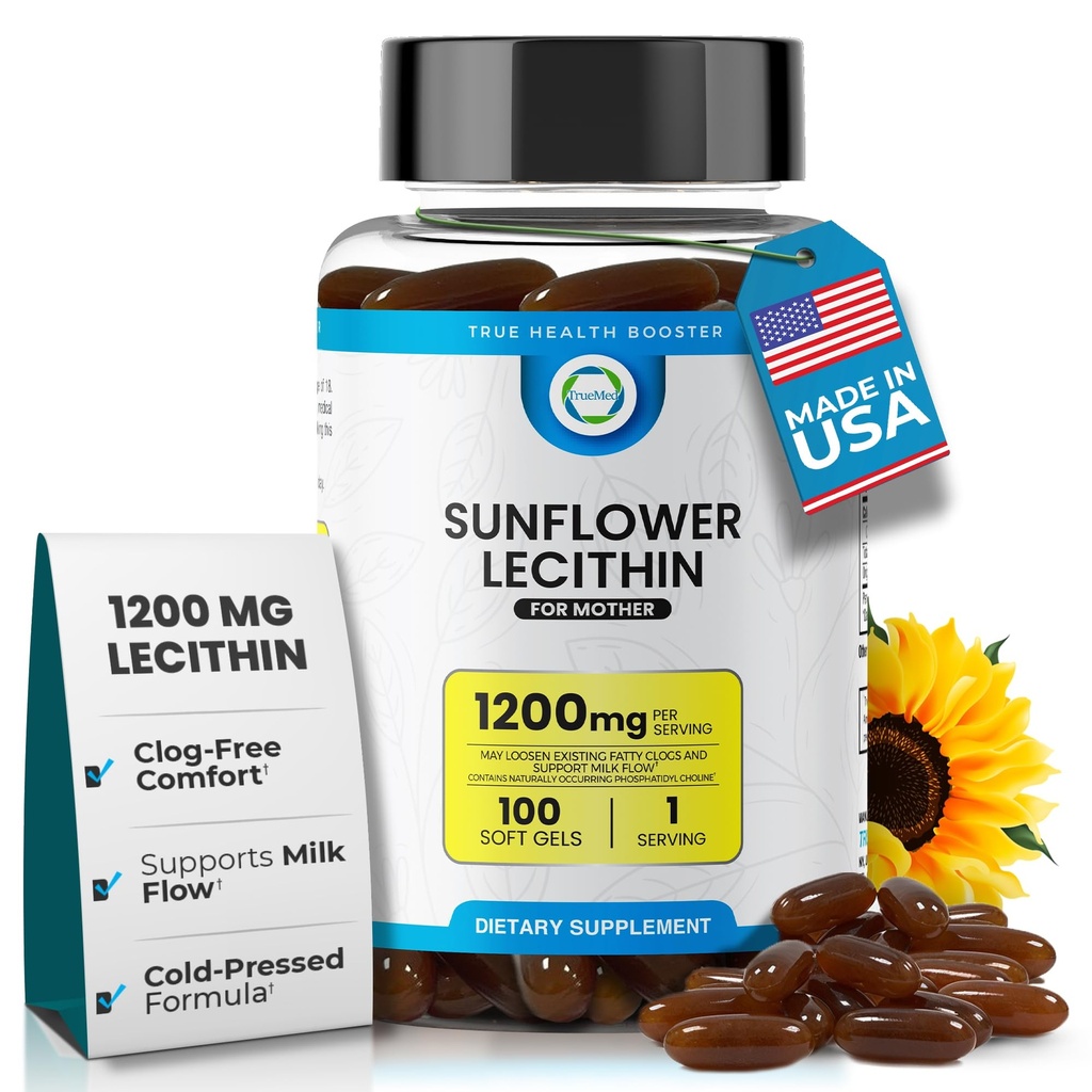 Lécithine de tournesol 1200 mg, flux de lait, sans soja et sans OGM Soutien pour l'allaitement maternel Des mères débloquent des couettes de lait obstruées, Cerveau, Nerve et santé du foie, Phospholipide-Rich pour mère 100 Softgel
