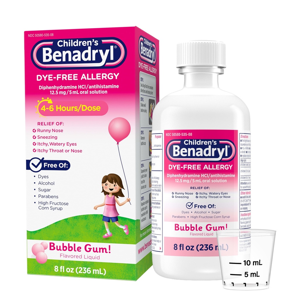 Benadryl Enfants Sans Dye Allergy Relief Liquid, Allergy Medicine for Kids, 12,5 mg Diphenhydramine HCl Antihistamine, Soulage le nez et l'éternuement runny, Sans Paraben, Bubble Gum Flavor, 8 fl.