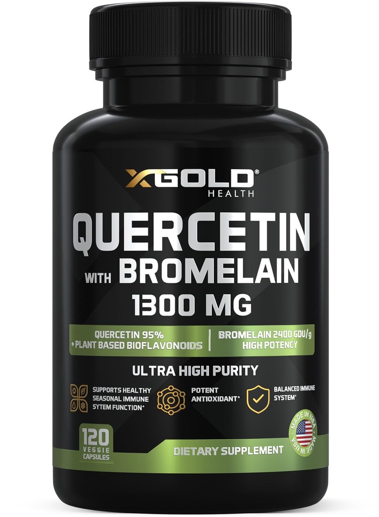 Quercetin + Bromelain 1.300mg – Quercetin: 95% - Hochrein und hochverfügbar Plus Bromelain 2.400 GDU/g - Made in USA | 120 Caps