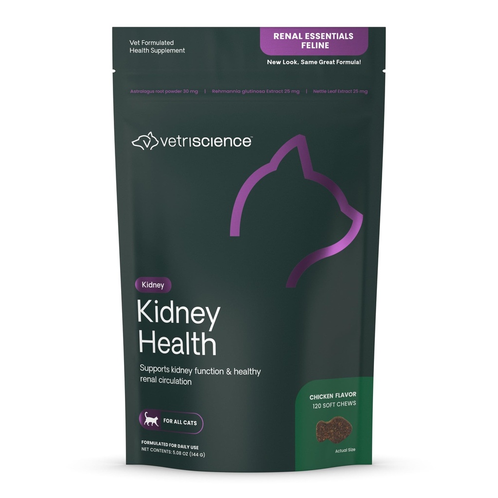 VetriScience Kidney Health Chews, Renal Essentials Supplement für Katzen, Nierenpflege und Unterstützung mit Pilz, Astragalus Root, Nettle Seed und Kräuter, Huhn, 120 Count