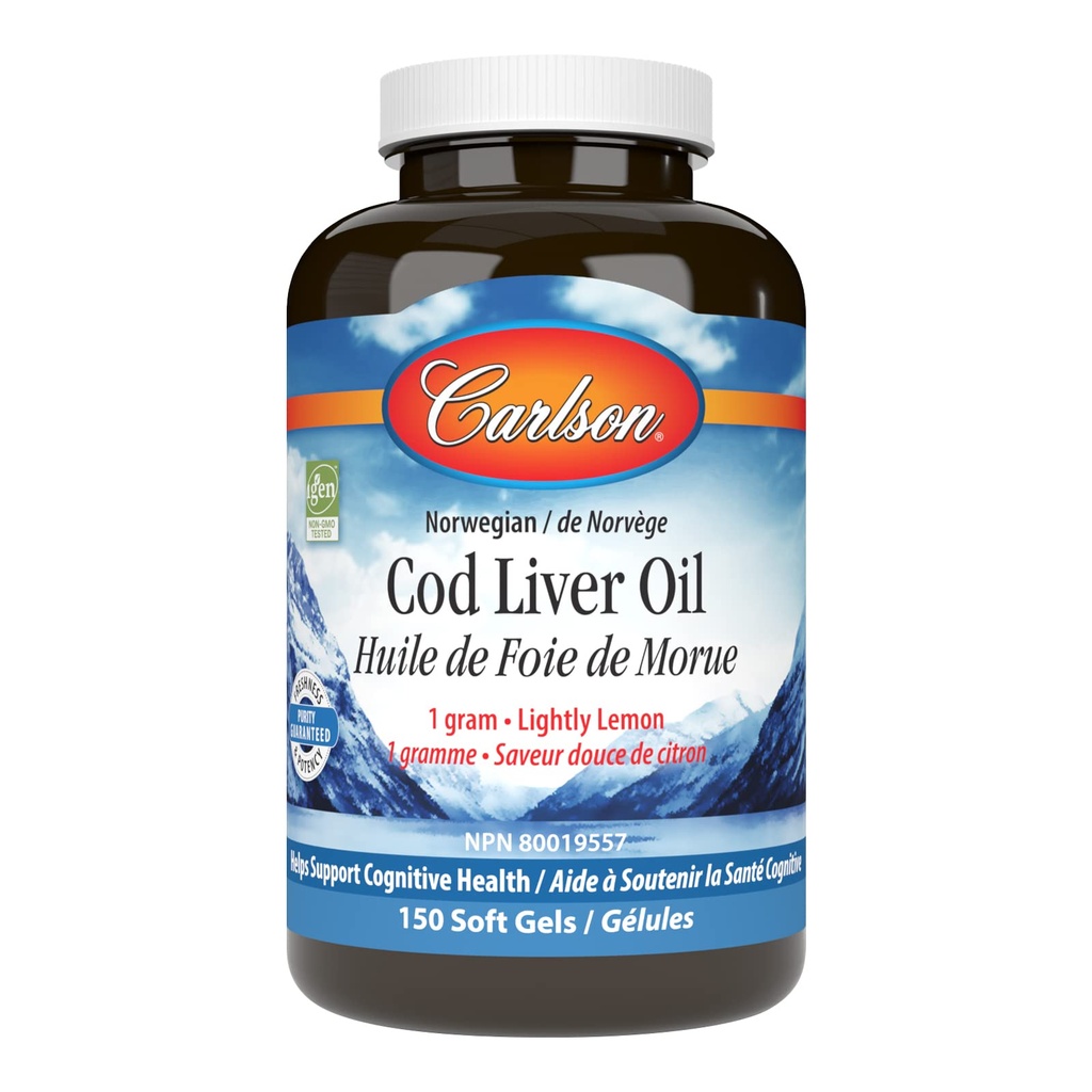 Carlson - Cod Liver Oil Gems, 460 mg Omega-3s + Vitamine A & D3, Wild-Caught Norwegian Arctic Cod-Liver Oil, Sustainable Sourced Nordic Fish Oil Capsules, Lemon, 150 Soft Gels
