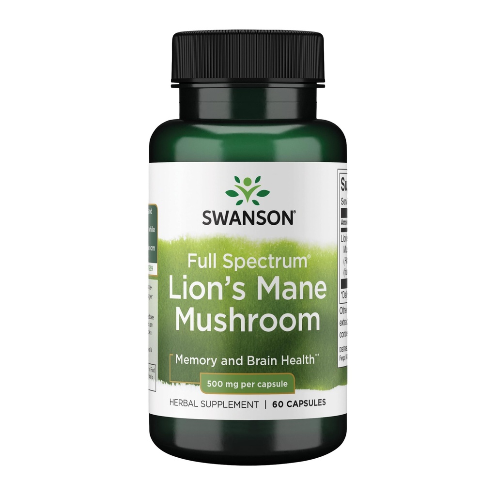 Swanson Lion's Mane Mushroom Capsules - 500 mg Jeder, 60 Kapseln - Kräuterergänzung Unterstützung kognitive Funktion