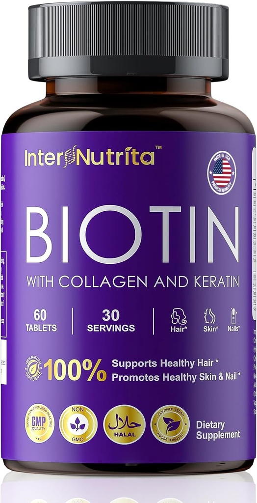 Biotine avec collagène hydrolysé et kératine, 5000mcg Biotine pour la croissance des cheveux, la peau et les ongles et la production d'énergie,USA Fabriqué - Vitamine A, C, D3, E, B1, B2, B7, B12 Complexe