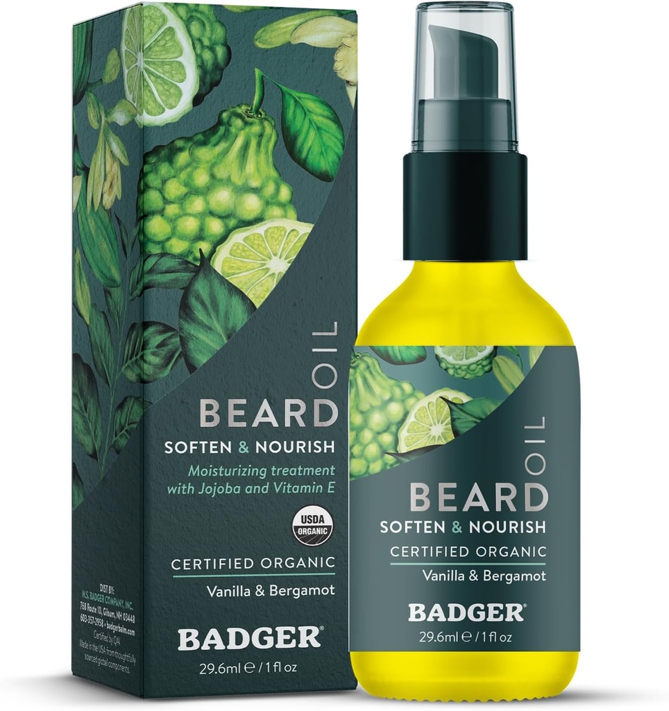 Badger Bartöl, Babassu & Jojoba, Certified Organic, Premium Bart Conditioner, Bartöl für trockene Haut, Bartöl für lange Barte, Gesichtshaaröl, 1 fl oz Glasflasche