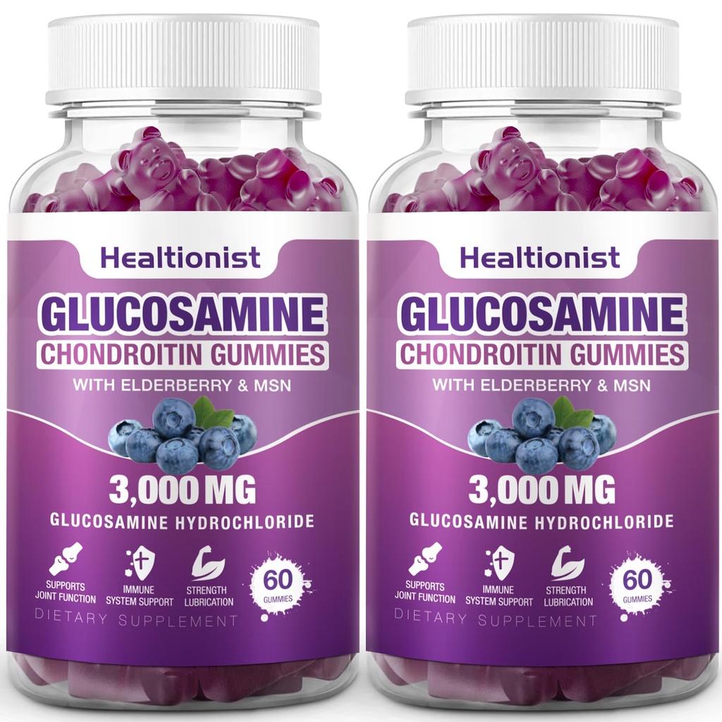 2 Packs 3000mg Glucosamin Chondroitin Gummis mit MSM & Elderberry - Extra Strength Joint Health, Flexibilität, Antioxidant Immun Support Supplement Gummy für Erwachsene, Männer & Frauen 120 Cts