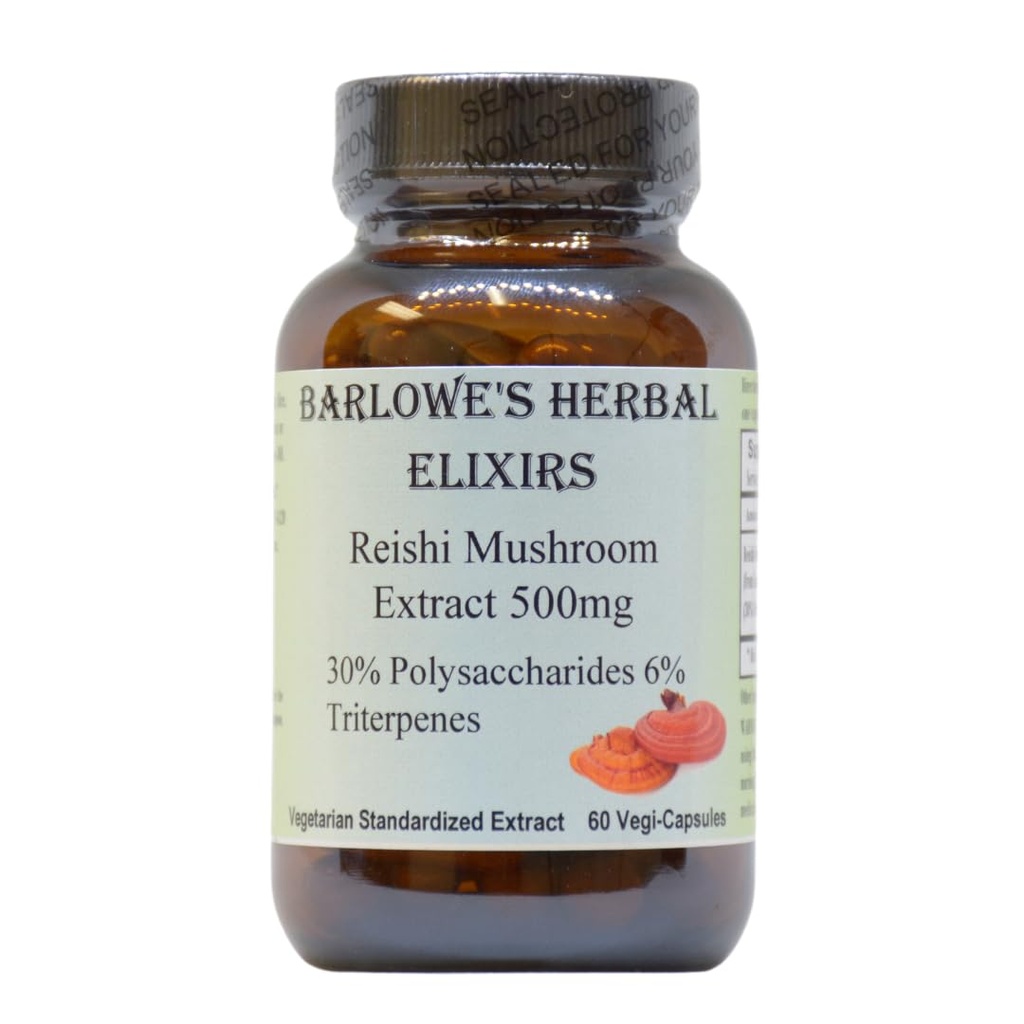 Barlowe Kräuter Elixiers Reishi Pilzextrakt Ergänzung | Rot Reishi | Ganoderma Lucidum 0%30% Polysaccharide| 6% Triterpenes | 500mg | 60 Veggie Kapseln